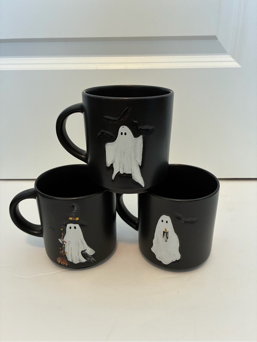 Pottery Barn Black Ceramic Ghost Mugs - Set of 3